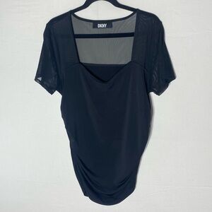 DKNY Black Short Sleeve Ruched Blouse With Sheer Mesh Sleeves & Shoulders XL